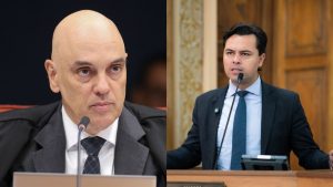 À esquerda, ministro do STF Alexandre de Moraes; à direita, advogado de Filipe Martins Jeffrey Chiquini