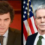 À esquerda, presidente da Argentina, Javier Milei; à direita, secretário do Tesouro dos EUA, Scott Bessent