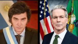 À esquerda, presidente da Argentina, Javier Milei; à direita, secretário do Tesouro dos EUA, Scott Bessent