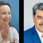 À esquerda, a líder da oposição na Venezuela, María Corina Machado; à direita, o ditador Nicolás Maduro