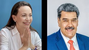 À esquerda, a líder da oposição na Venezuela, María Corina Machado; à direita, o ditador Nicolás Maduro