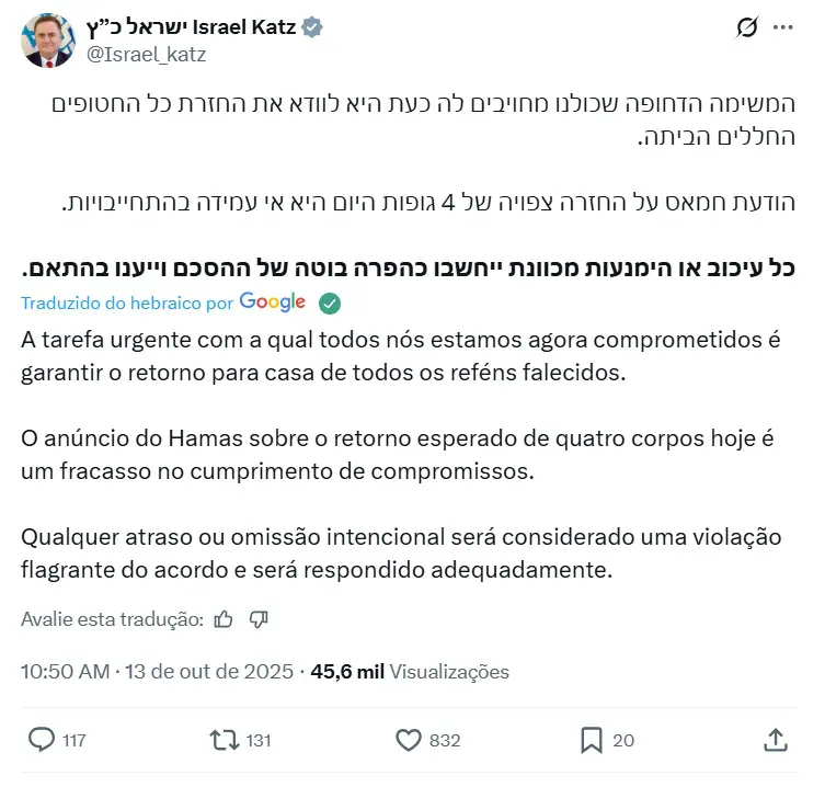 Publicação de Israel Katz | Foto: Reprodução