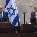 Benjamin Netanyahu e Donald Trump no Knesset - 13/12/2025 | Foto: Reprodução/YouTube