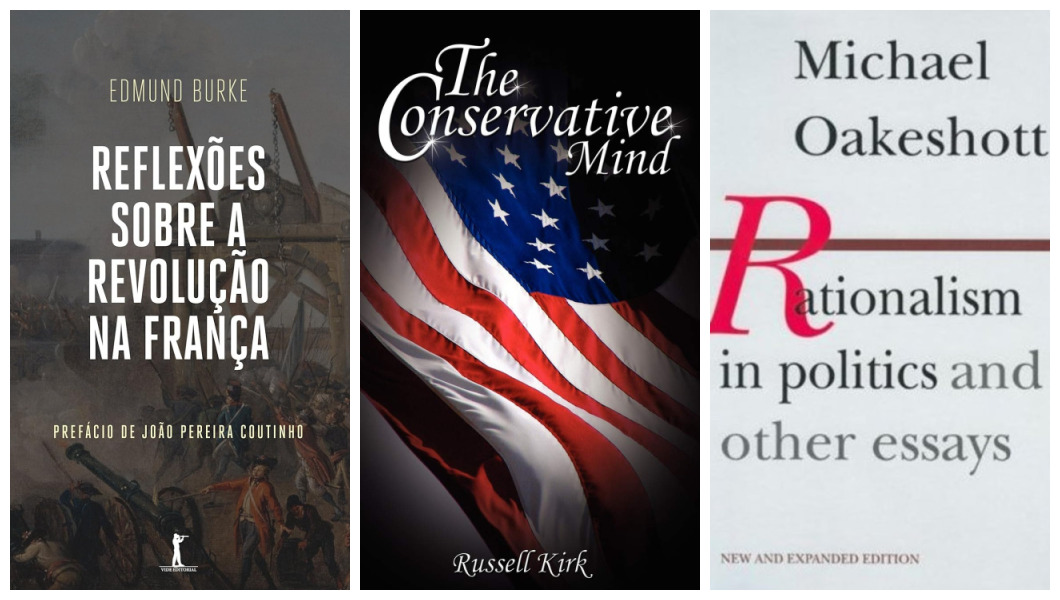 Livros de Edmund Burke, Russell Kirk e Michael Oakeshott | Fotos: Reprodução 