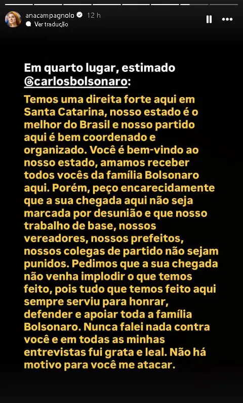 'Nosso Estado é o melhor do Brasil, e nosso partido aqui é bem coordenado e organizado', escreveu Ana Campagnolo, no Instagram | Foto: Reprodução/Redes sociais