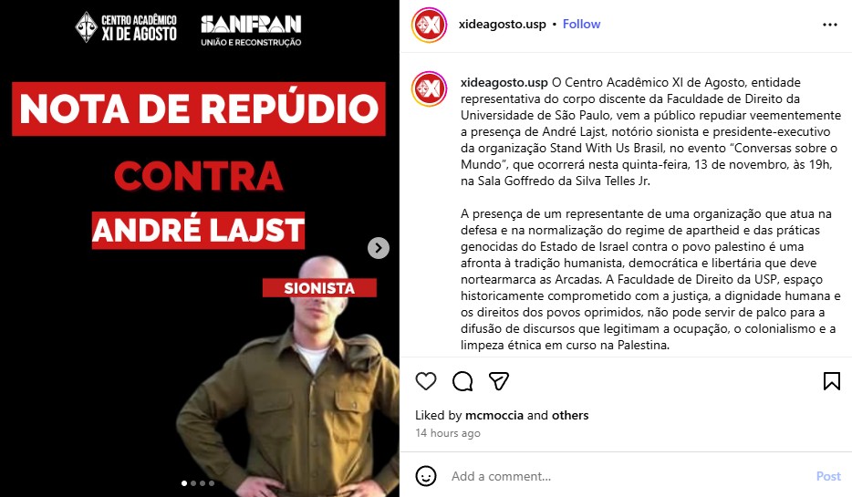 Postagem do Centro Acadêmico dos alunos de Direito da USP | Foto: Reprodução/Instagram
