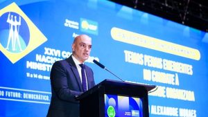O ministro do STF Alexandre de Moraes durante evento em que falou sobre o crime organizado | Foto: Divulgação/Conamp