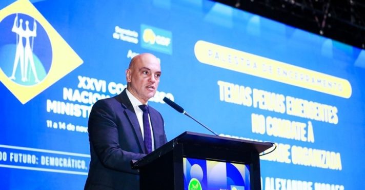 O ministro do STF Alexandre de Moraes durante evento em que falou sobre o crime organizado | Foto: Divulgação/Conamp