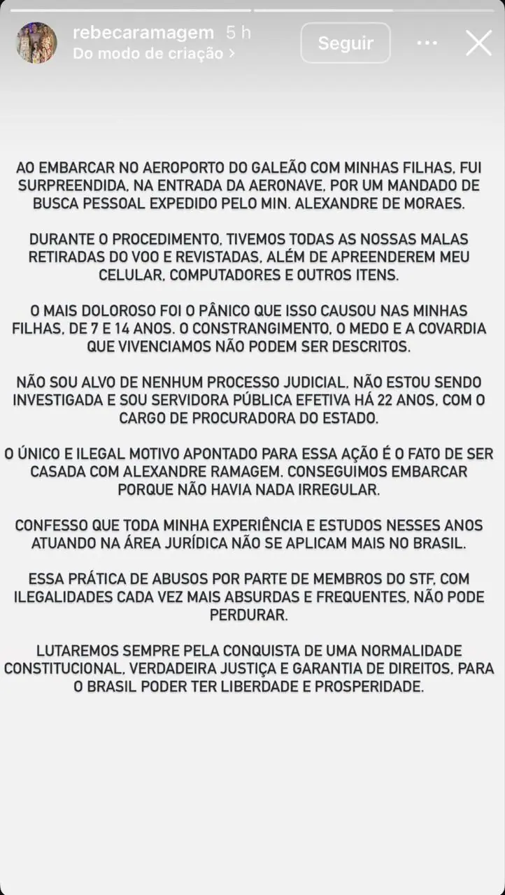 Publicação de Rebeca Ramagem no Instagram