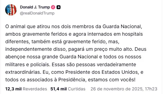 Post de Trump feito na tarde desta quarta-feira, 26, traduzido pelo Google | Foto: Reprodução/Truth Social