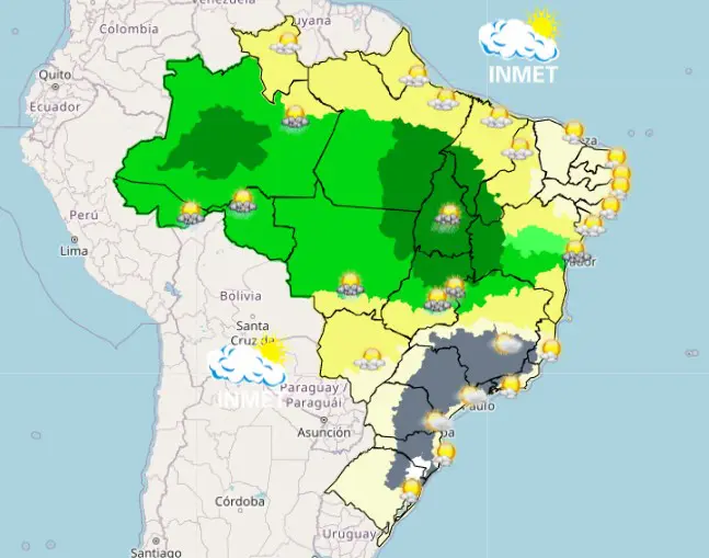 Mapa do Inmet mostra nevoeiro no Sul e Sudeste do país e chuvas intensas no Norte parte do Nordeste | Foto: Reprodução/Inmet