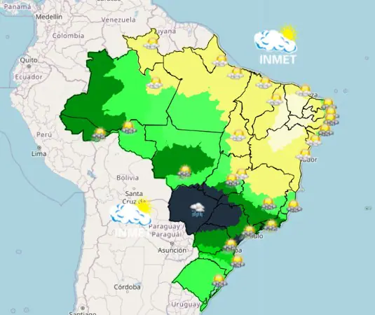 Previsão do tempo para esta segunda-feira, 17: na área mais escura há previsão de tempestade e queda de granizo | Foto: Reprodução/Inmet