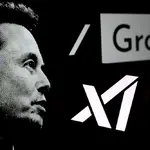 logotipo da Grok é exibido em um smartphone com Elon Musk ao fundo | Foto: Shutterstock