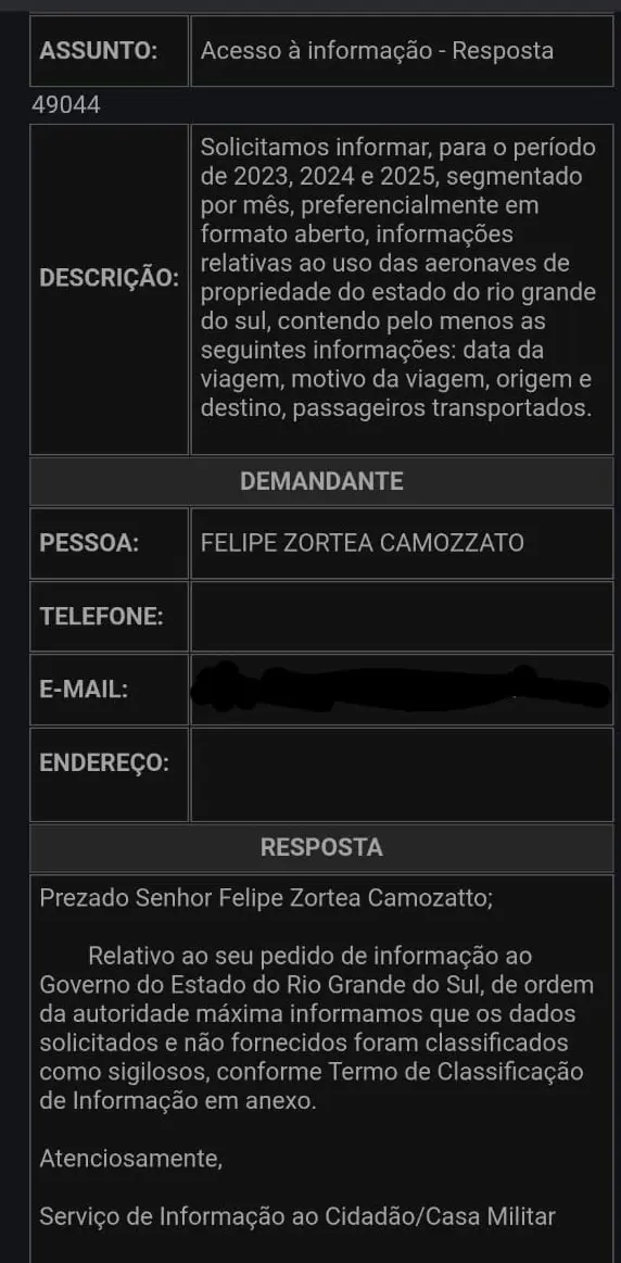 E-mail resposta governo rio grande do sul ao deputado felipe camozzato - sobre sigilo em viagens de aeronaves do Estado