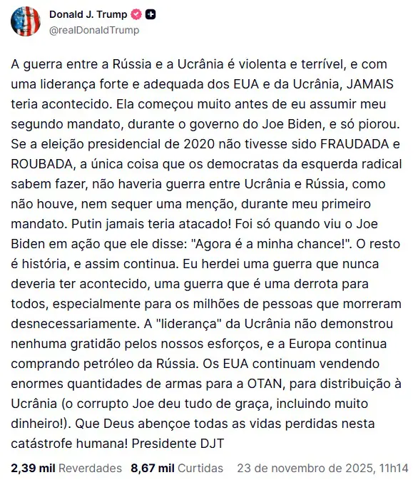 Publicação de Donald Trump em sua rede social, a Truth | Foto: Reprodução