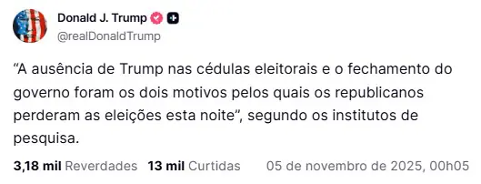 Post de Donald Trump na Truth Social depois do resultado da eleição em Nova York, traduzido pelo Google | Foto: Reprodução