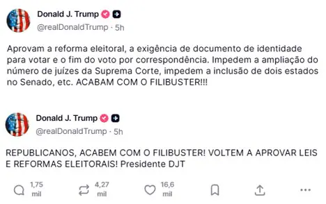 Posts de Donald Trump na Truth Social depois do resultado da eleição em Nova York, traduzidos pelo Google | Foto: Reprodução