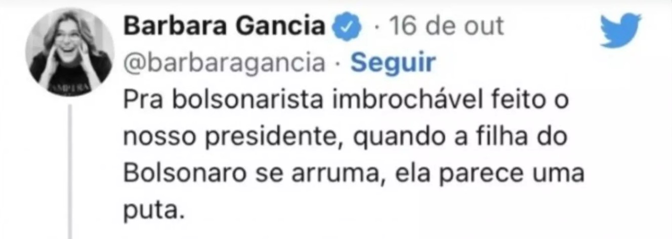 Postagem que mostra a ofensa da jornalista Bárbara Gancia dirigidas a Laura Bolsonaro | Foto: Reprodução/X
