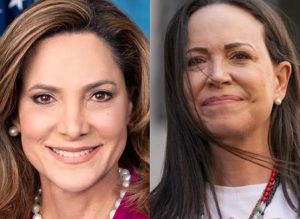 A deputada dos EUA Elvira Salazar e a opositora à ditadura venezuela Corina Machado: a caminho de Oslo, na Noruega | Foto: Reprodução/Redes sociais