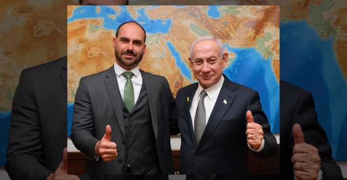 O deputado federal Eduardo Bolsonaro e o primeiro-ministro de Israel, Benjamin Netanyahu | Foto: Reprodução/X