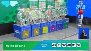 Dezenas do concurso 2952 da Mega-Sena, sorteadas na noite desta terça-feira, 16, em São Paulo | Foto: Reprodução/YouTube