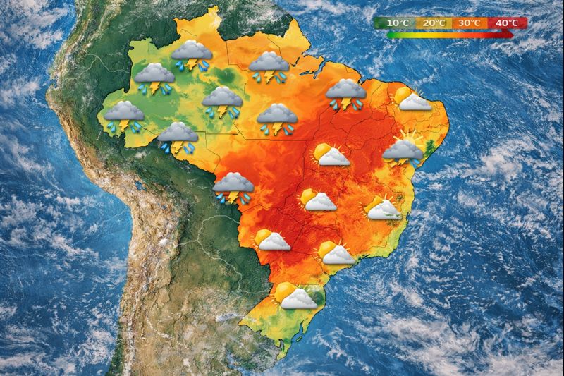 Ilustração de mapa meteorológico mostra tendência de calor predominante em todo o país neste 25 de dezembro | Foto: Reprodução/Redes sociais