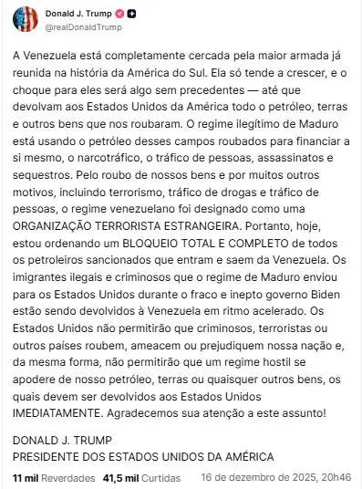 Postagem de Trump sobre a Venezuela - 16/12/2025 - Traduzida pelo Google | Foto: Reprodução
