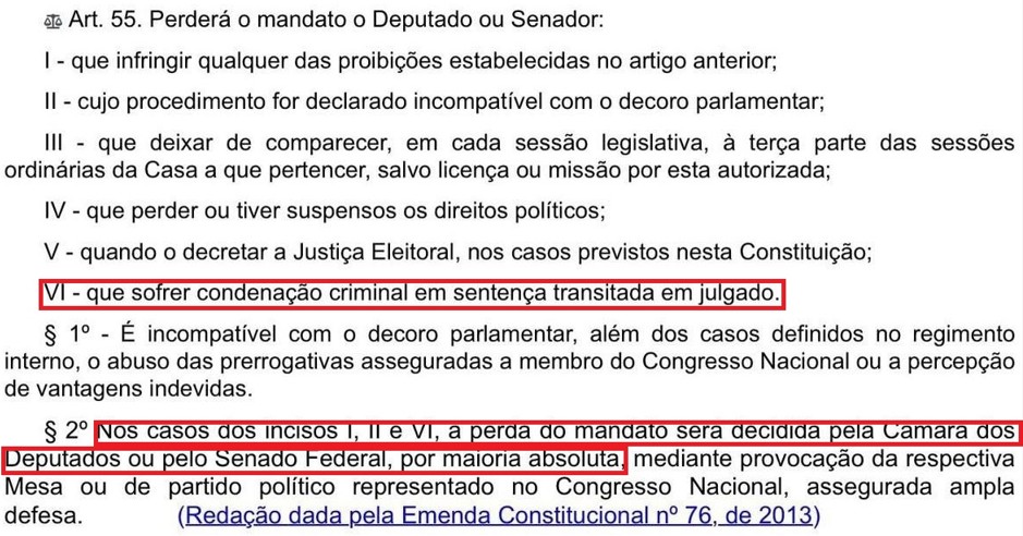 Artigo 55 da Constituição Federal | Foto: Reprodução