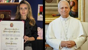 À esquerda, vereadora de São Paulo Amanda Vettorazzo; à direita, papa Leão XIV