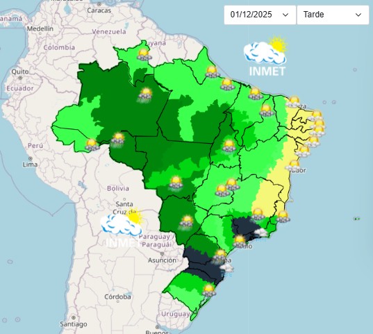Previsão do tempo para 1º de dezembro de 2025: nas áreas claras (amarelo) não há previsão de chuvas; pode chover nas áreas verdes, com mais intensidade na parte escura e menos intensidade no verde claro; nas áreas em cinza, há previsão de temporais com queda de granizo | Foto: Reprodução/Inmet