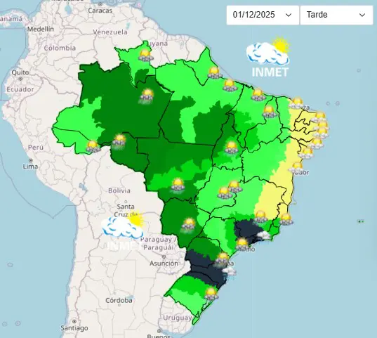Previsão do tempo para 1º de dezembro de 2025: nas áreas claras (amarelo) não há previsão de chuvas; pode chover nas áreas verdes, com mais intensidade na parte escura e menos intensidade no verde claro; nas áreas em cinza, há previsão de temporais com queda de granizo | Foto: Reprodução/Inmet
