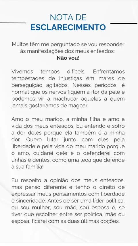 Nota de Michelle Bolsonaro - parte 1 | Foto: Reprodução/Instagram