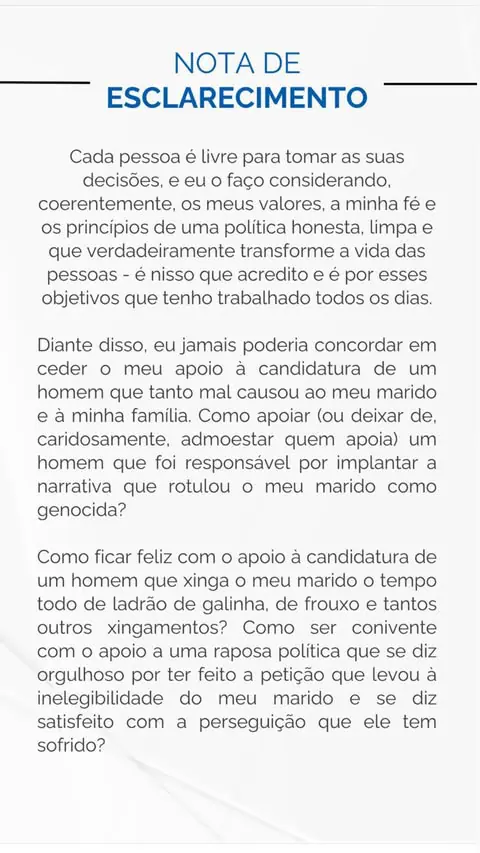 Nota de Michelle Bolsonaro - parte 2 | Foto: Reprodução/Instagram