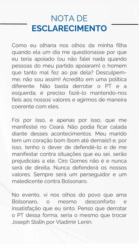 Nota de Michelle Bolsonaro - parte 3 | Foto: Reprodução/Instagram