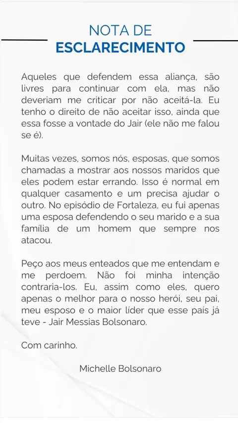 Nota de Michelle Bolsonaro - parte 4 | Foto: Reprodução/Instagram