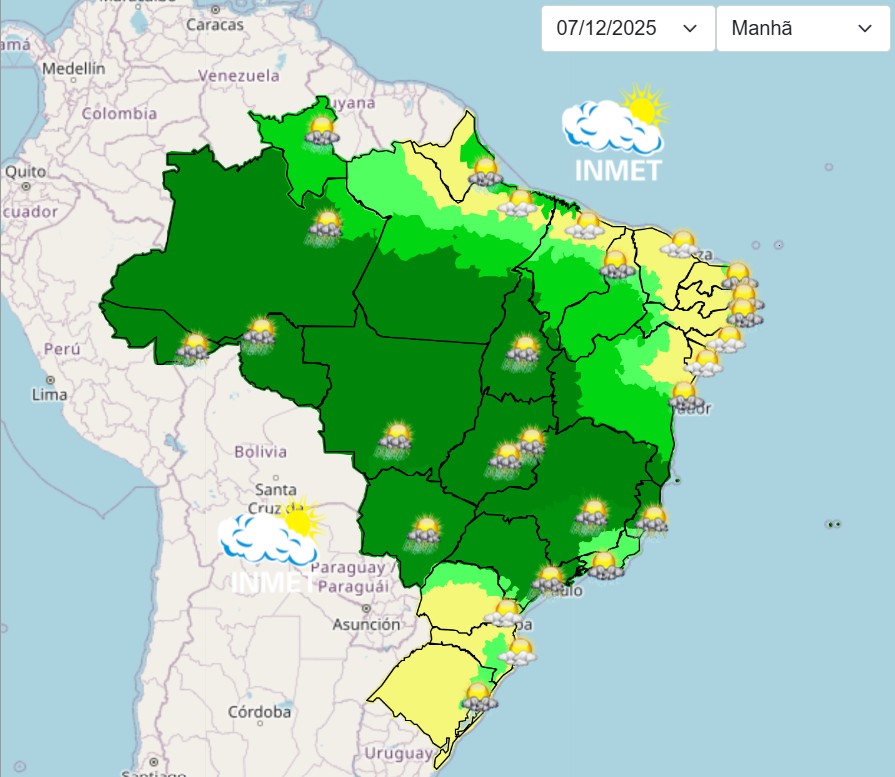previsão do tempo com pancadas de chuva e trovoadas - 07122025 - manhã