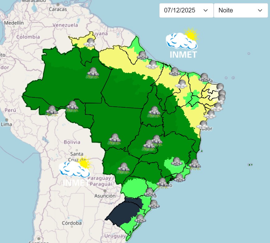 previsão do tempo com pancadas de chuva e trovoadas - 07122025 - noite