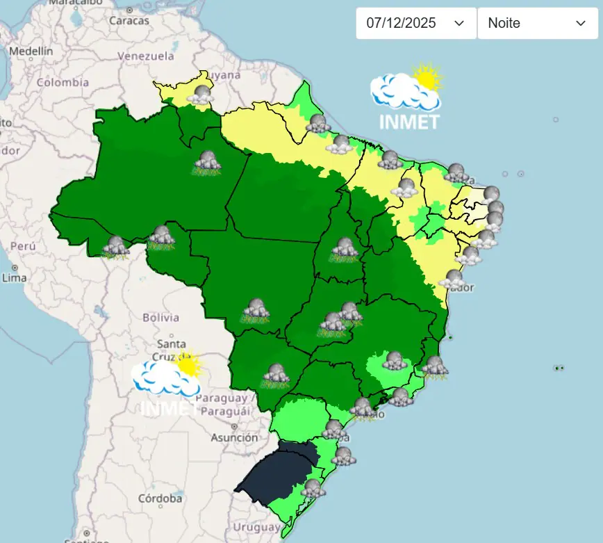 previsão do tempo com pancadas de chuva e trovoadas - 07122025 - noite