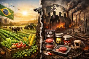 Os globalistas, que controlam o 'sistema', vendem o discurso de que o agro polui e desmata, mas isso não passa de uma estratégia para esconder os verdadeiros vilões do clima | Foto: Divulgação/Oeste | Imagem criada com auxílio de inteligência artificial