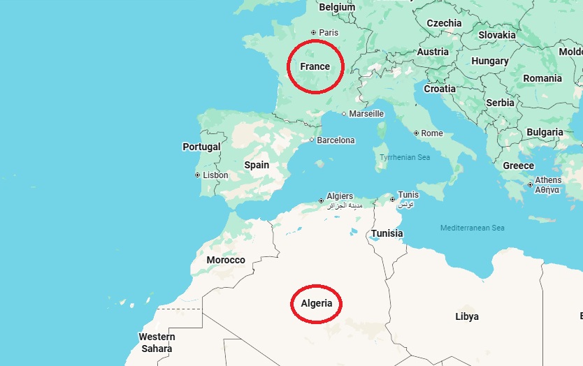 Circulados em vermelho, os países França, na Europa, e Argélia, na África