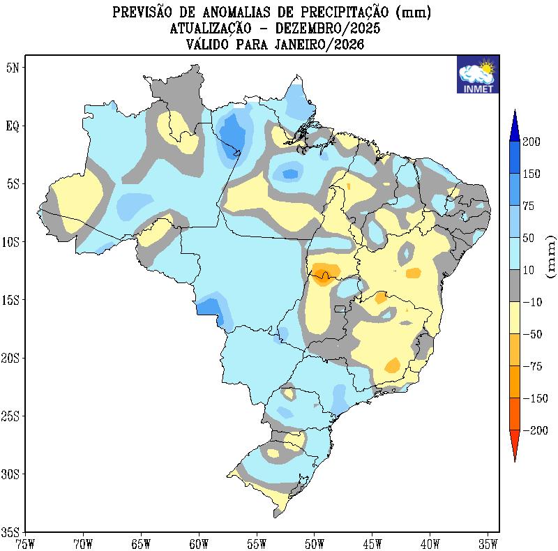 Previsão de anomalias de precipitação do modelo climático do Inmet para o mês de janeiro de 2026