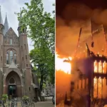 Igreja de Vondelkerk, em Amsterdã, antes e durante o incêndio desta quinta-feira, 1º/1/2026 | Foto: Reprodução/Redes sociais