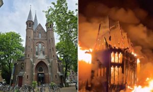 Igreja de Vondelkerk, em Amsterdã, antes e durante o incêndio desta quinta-feira, 1º/1/2026 | Foto: Reprodução/Redes sociais