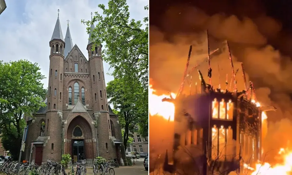 Igreja de Vondelkerk, em Amsterdã, antes e durante o incêndio desta quinta-feira, 1º/1/2026 | Foto: Reprodução/Redes sociais