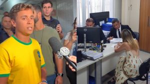 Nikolas, durante entrevista, e Brenda Laranja, na Polícia: caso na Justiça | Foto: Montagem sobre reprodução/Redes sociais