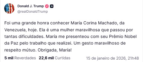 Mensagem de Trump sobre o encontro do María Corina Machado | Foto: Reprodução/Truth Socia - tradução do Google