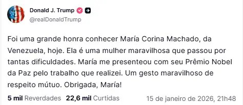 Mensagem de Trump sobre o encontro do María Corina Machado | Foto: Reprodução/Truth Socia - tradução do Google