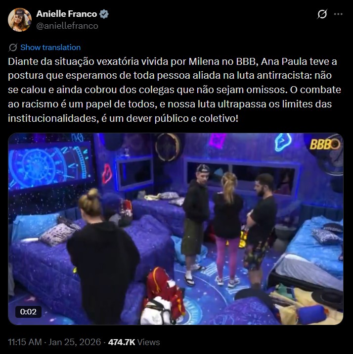 Ministra de Lula faz comentários públicos sobre reality show da Globo