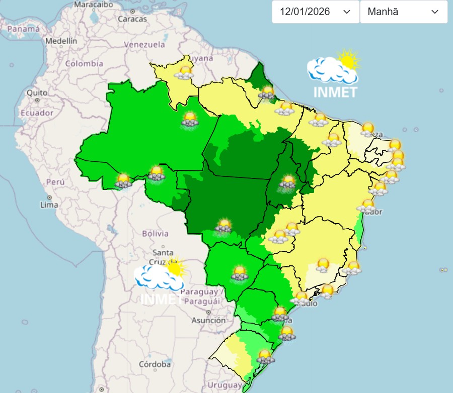 chuvas - mapa do brasil inmet - previsão do tempo 12042026 - manhã