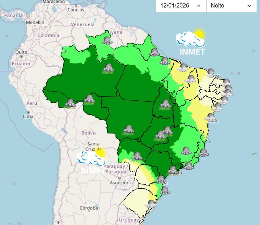 chuvas - mapa do brasil inmet - previsão do tempo 12042026 - noite